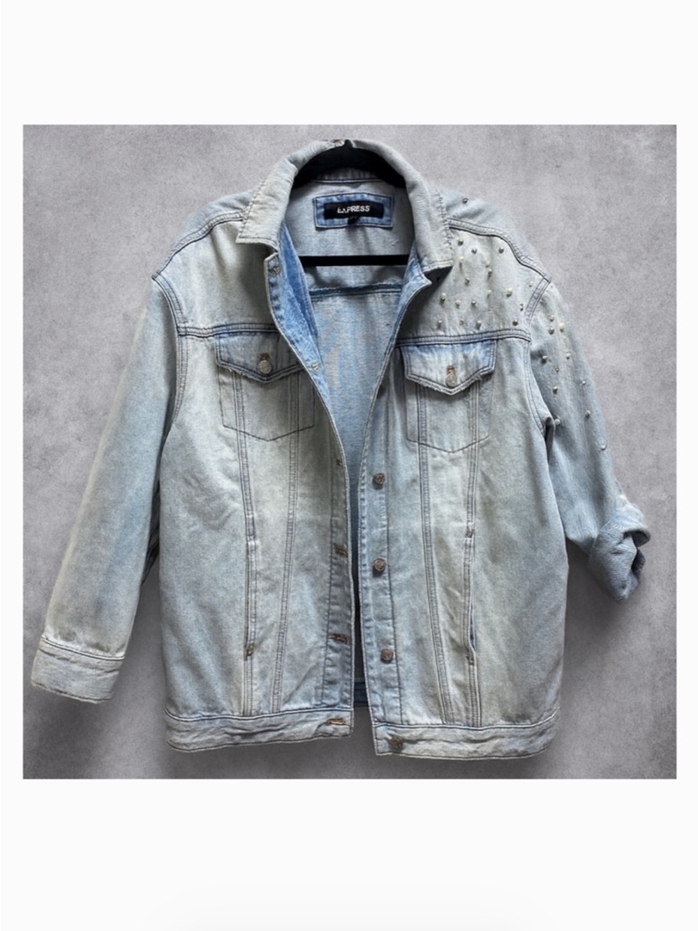 Oversized Express Light Blue Denim Jacket with Pearl and Rhinestoness